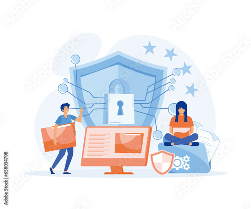 people protecting business data and legal information, General privacy regulation for protection of personal data. GDPR and privacy politics, flat vector modern illustration