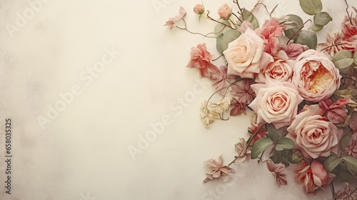 Antique Roses Arranged Tightly on the Right Side of the Frame: Drawing attention to its intricate details on a beige canvas