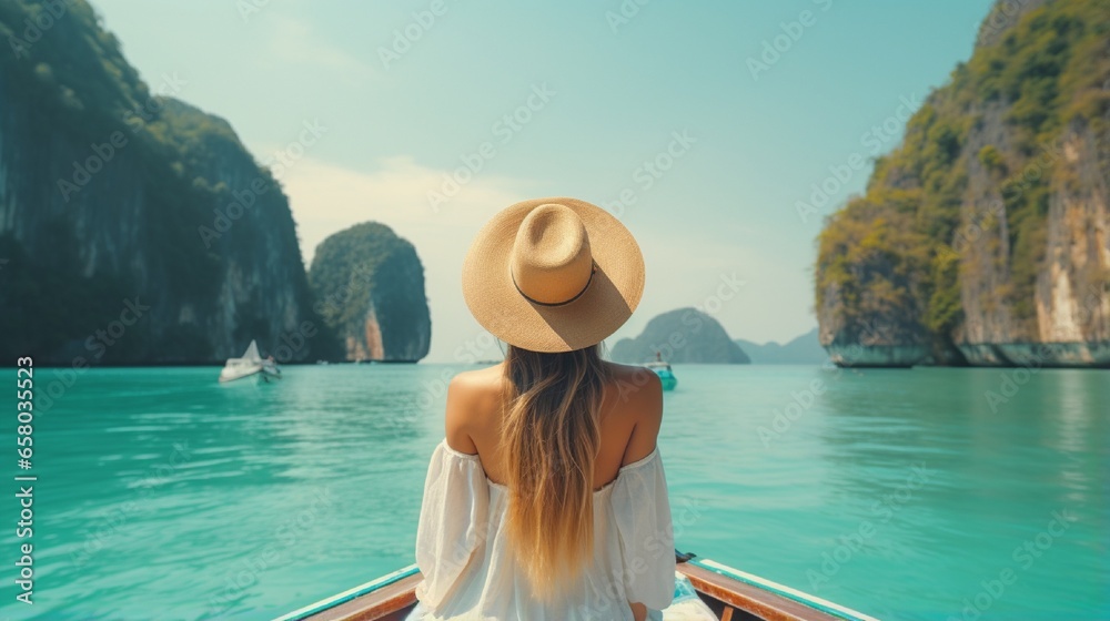 Happy tourist woman in white summer dress relaxing on boat at the beautiful Phi Phi islands with teal waters and clear skies. Krabi, travel concept .