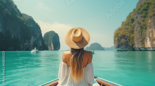 Happy tourist woman in white summer dress relaxing on boat at the beautiful Phi Phi islands with teal waters and clear skies. Krabi, travel concept . © Ai Studio