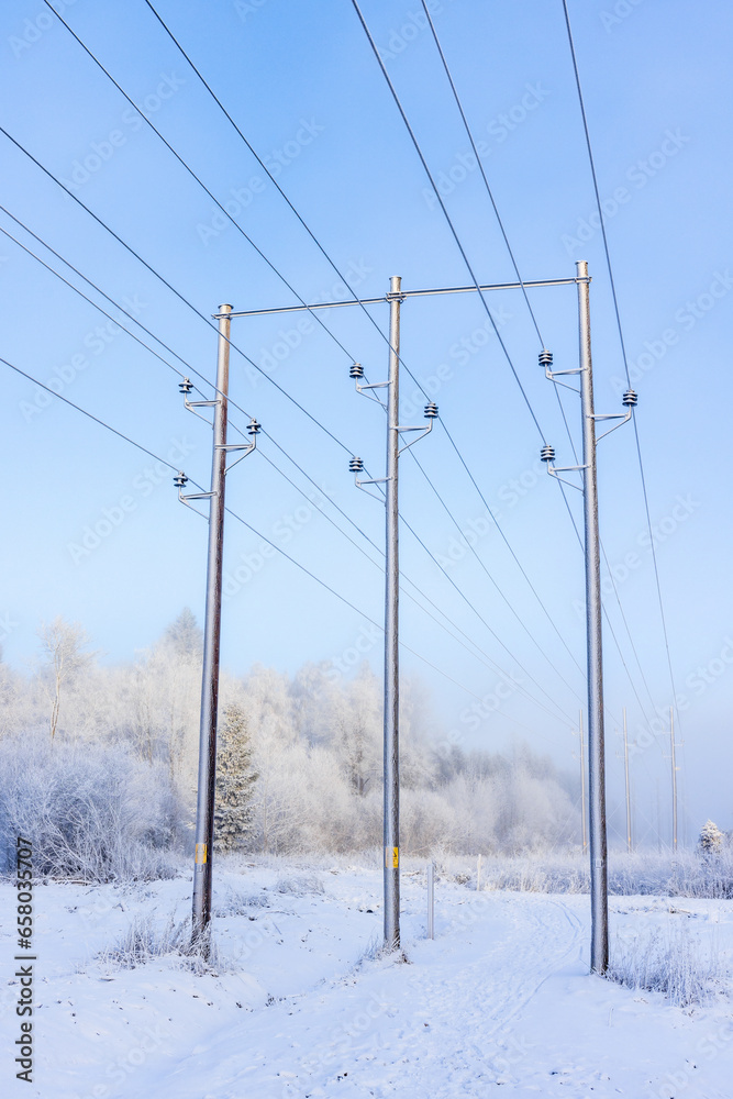 Path under a power line at winter Path under a power line at winter
