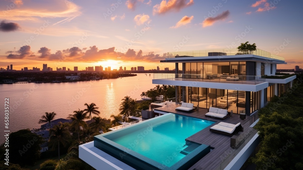 Modern villa with a private rooftop infinity pool overlooking the Miami skyline in Florida .