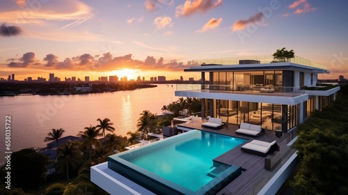 Modern villa with a private rooftop infinity pool overlooking the Miami skyline in Florida . © Ai Studio