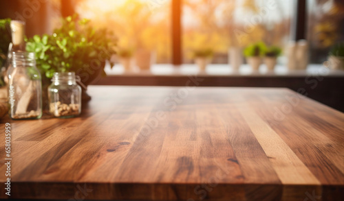 Wooden table and defocused kitchen interior background for display or montage your products