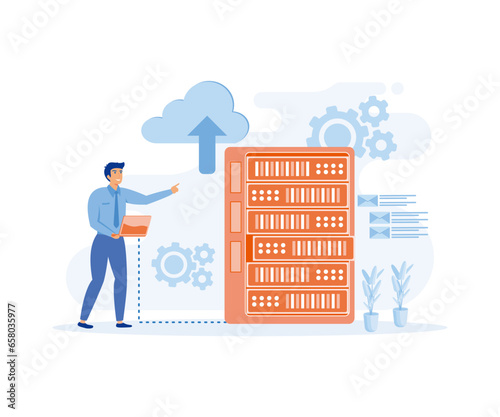Data server web concept, Technician works in server room racks. Cloud storage technology, database. flat vector modern illustration