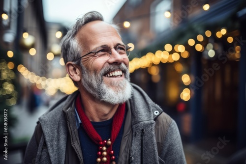 Leinwand Poster Portrait of a smiling senior man with gray beard and glasses in the city