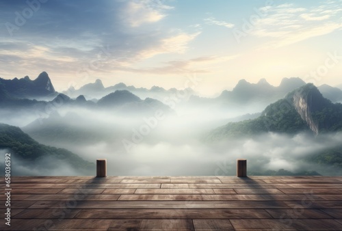Mountains and clouds with wooden deck against a foggy landscape. © Goojournoon