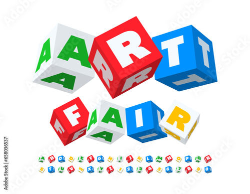 Vector playful poster Art Fair with 3D colorful Font. Cubic Alphabet Letters and Numbers set