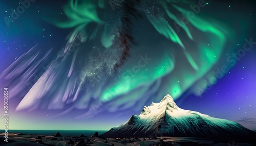 tallest mountain in the world at night with the northern lights generative AI © bel