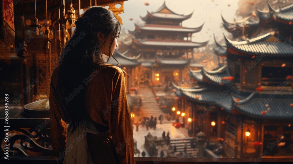 A young woman stands in front of a Chinese building