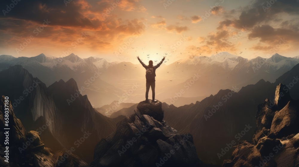 Man on the mountain standing with his hands up