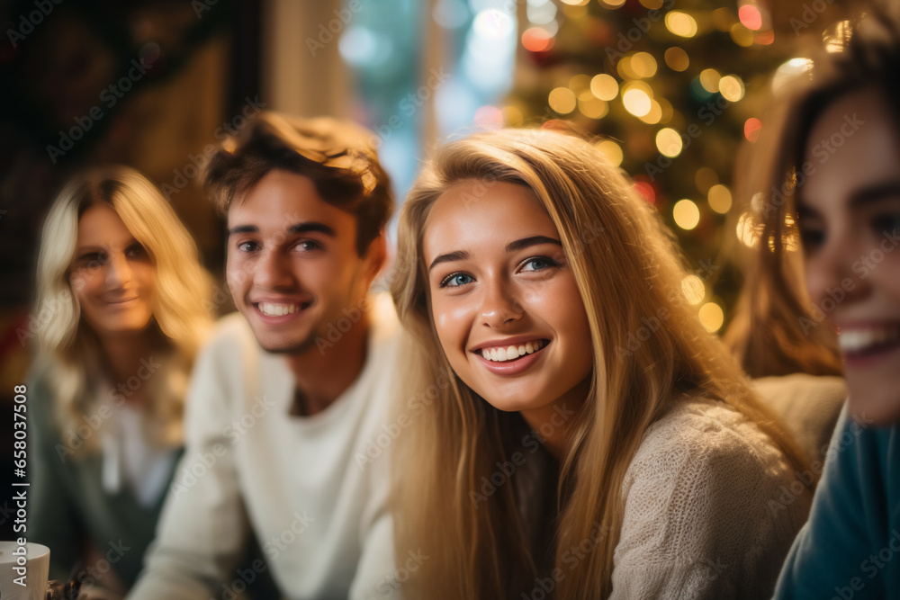 Obraz premium happy friends celebrating Christmas at home party. celebration and holidays concept