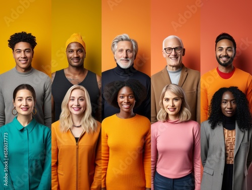 In the concept of diversity, different portraits of people in front of a plain background