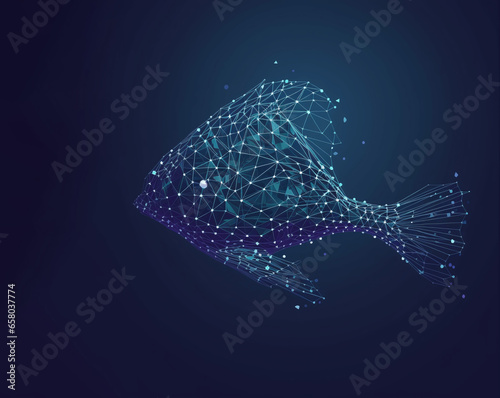 Futuristic glowing, digital fish isolated on a dark blue background. Oceanarium, marine science concept. Modern graphic illustration.