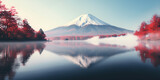 Mystical Morning Fuji's Fog and Red Leaves by the Lakeside Nature's Canvas Fuji's Misty Mornings and Red Autumn Hues Dreamlike Fuji Fog-Kissed Lake, Red Leaves, and Towering Peaks.AI Generative