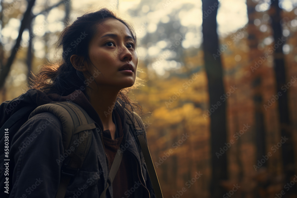 Asian woman enjoying autumn in the woods Asian woman enjoying autumn in the woods