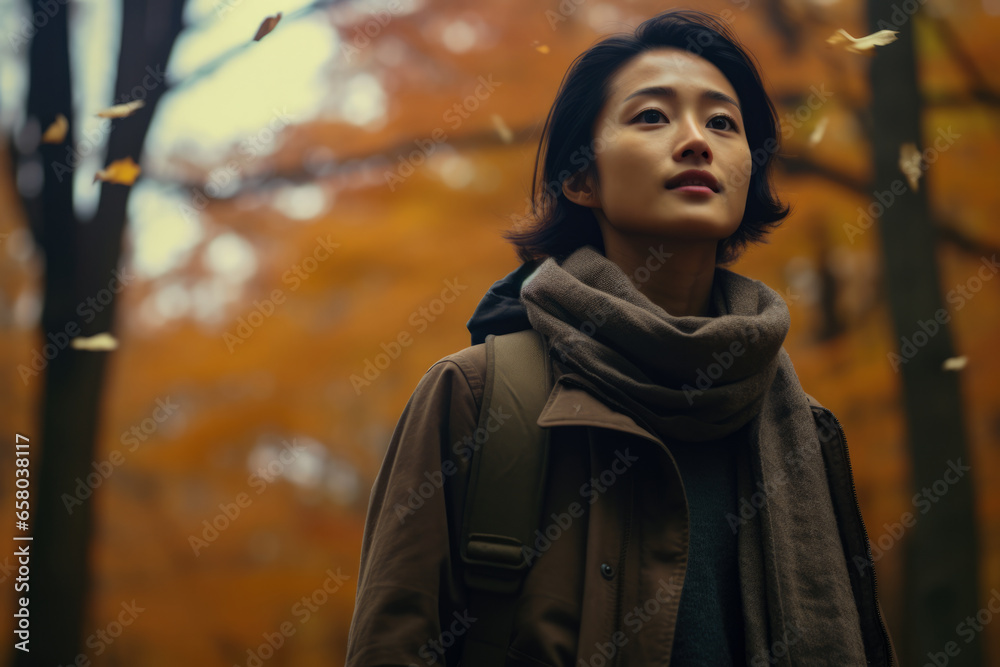 Asian woman enjoying autumn in the woods Asian woman enjoying autumn in the woods