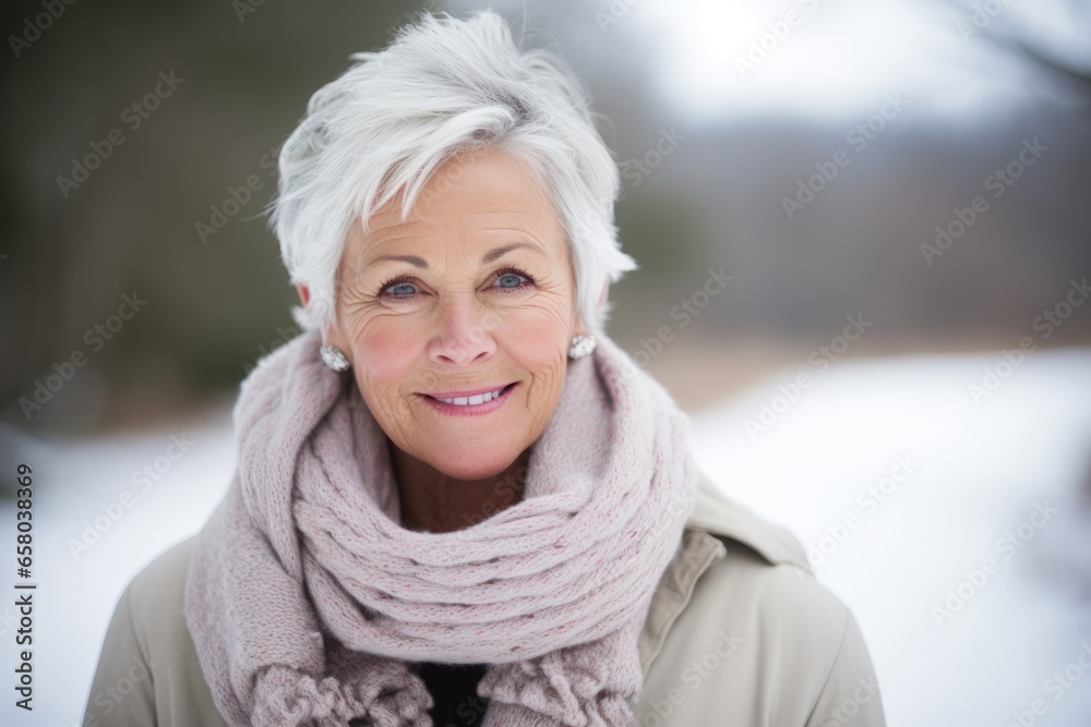 Portrait of a happy senior woman in winter park with snow background Portrait of a happy senior woman in winter park with snow background