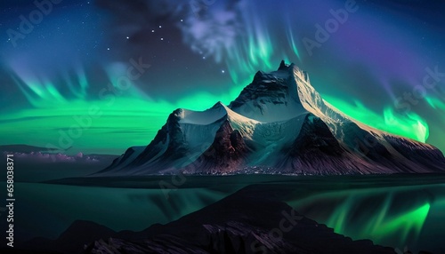 tallest mountain in the world at night with the northern lights generative AI photo