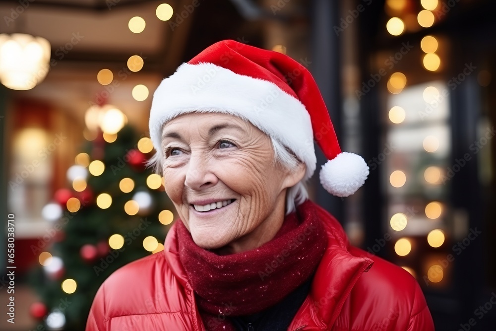 Portrait of happy senior woman in Santa hat on christmas background Portrait of happy senior woman in Santa hat on christmas background