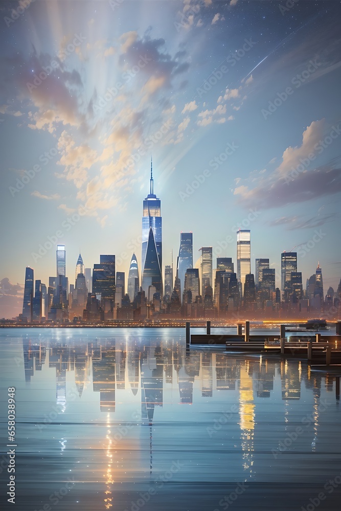 A dreamy, impressionistic depiction of the iconic New York City skyline, river