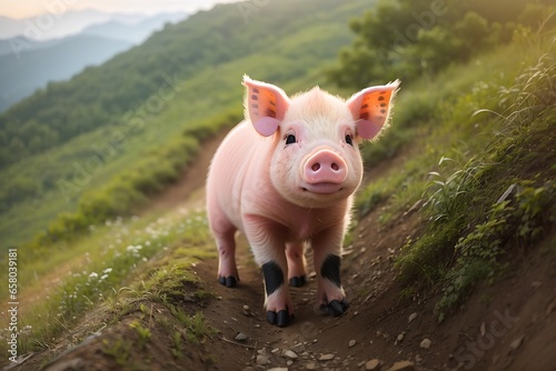  A sweet baby pig which is hiking up a hill