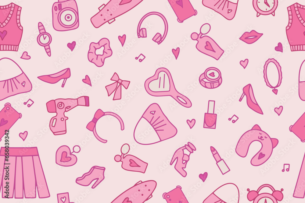 Seamless pattern of accessories, cosmetics and clothes for pink dolls. Vector illustration