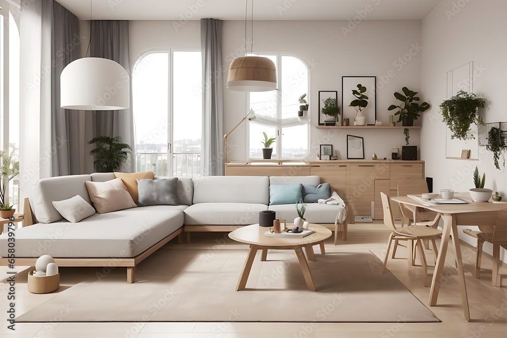 © ET - Genera una imagen de una sala con un estilo nórdico. La vista debe ser desde la parte frontal del sitio