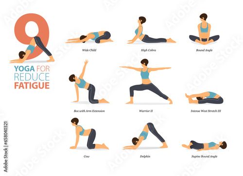 9 Yoga poses or asana posture for workout in reduce fatigue concept. Women exercising for body stretching. Fitness infographic. Flat cartoon vector.