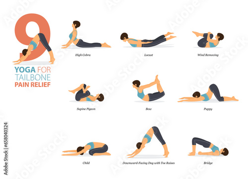 9 Yoga poses or asana posture for workout in tailbone pain relief concept. Women exercising for body stretching. Fitness infographic. Flat cartoon vector. photo