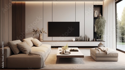 Minimalist style interior design of modern living room with tv . © Ai Studio