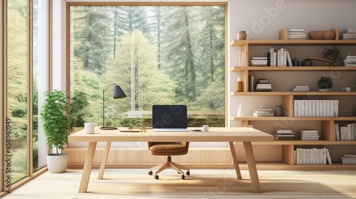 modern home office interior with windows built in wooden shelves and laptop placed on desk .