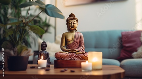 Selective focus at two Buddha statue standing on bamboo coffee table in bright living room interior at bohemian style. Concept mental health and recreation .