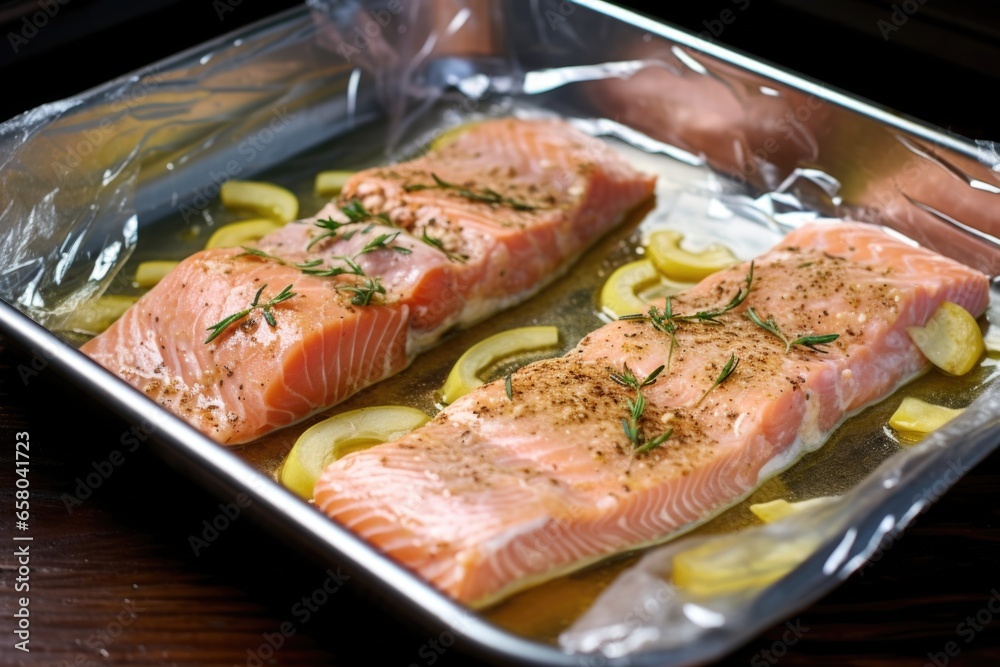 salmon fillets marinating in apple cider before grilling on bbq