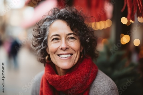 Portrait of smiling middle-aged woman in scarf at Christmas market photo