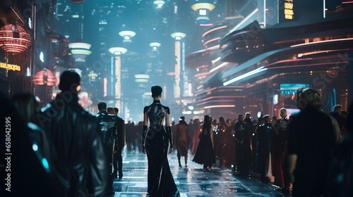 A High Fashion Runway Show in a Futuristic Neon-Lit Cy