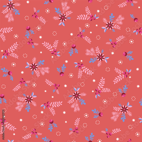 Blue leaves, red berries, fir branches, white fireworks on a red background. Seamless winter Christmas pattern. Suitable for packaging, textiles, wallpaper.