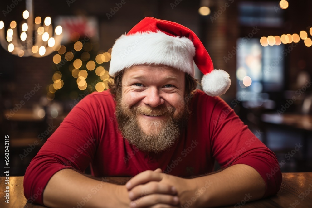 Portrait of a bearded man in a red T-shirt and Santa Claus hat. Portrait of a bearded man in a red T-shirt and Santa Claus hat.