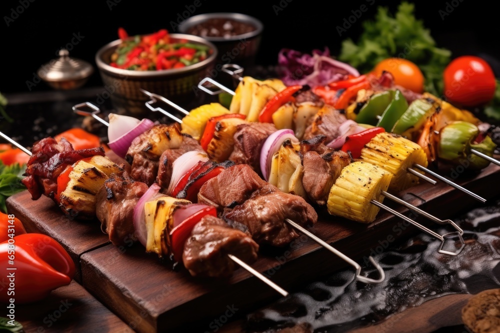 assortment of bbq skewers with meat and vegetables