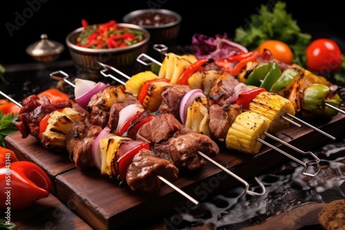 assortment of bbq skewers with meat and vegetables