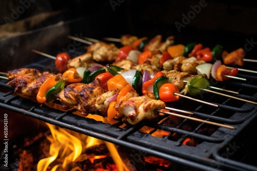 chicken drumsticks and skewered veggies cooking on an open flame