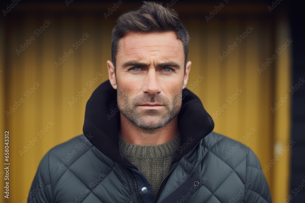 Portrait of a handsome man in a winter jacket on a yellow background Portrait of a handsome man in a winter jacket on a yellow background