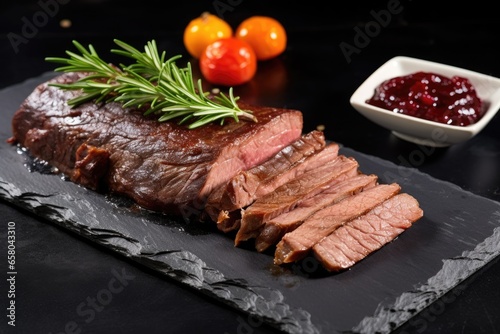 thinly sliced beef brisket on a stone slate with sauce