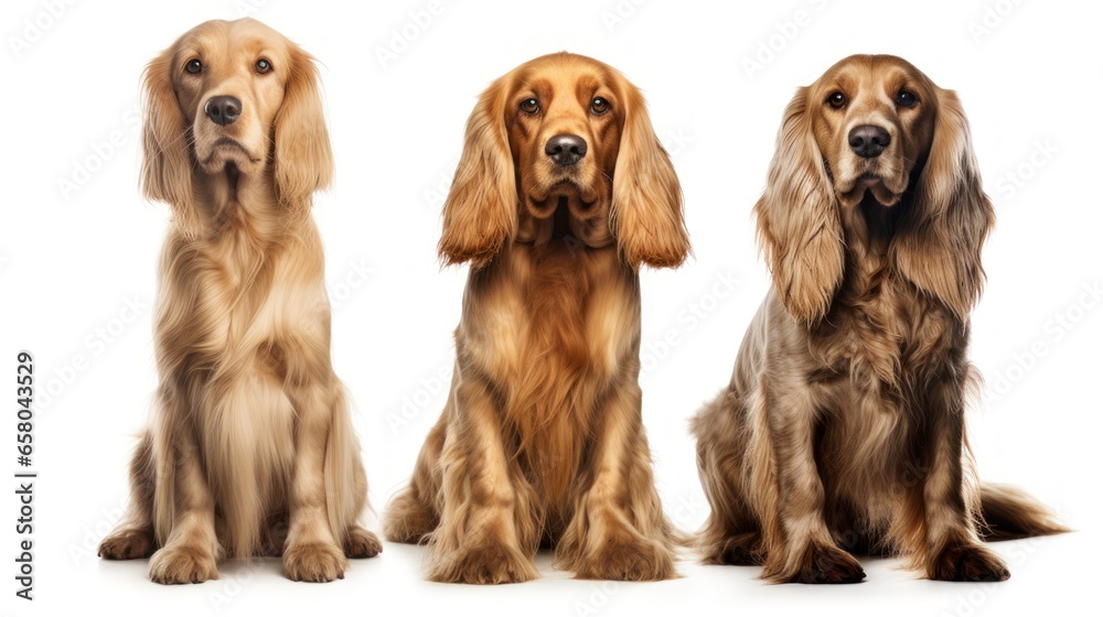 Collection of three dogs, englisch cocker spaniel set( portrait, sitting and standing) isolated on white background as transparent PNG, generative AI animal bundle,