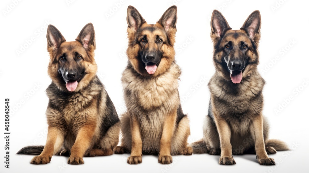 Collection of three dogs, happy german shepherds set, full body( portrait, sitting and standing) isolated on white background as transparent PNG, generative AI animal bundle.