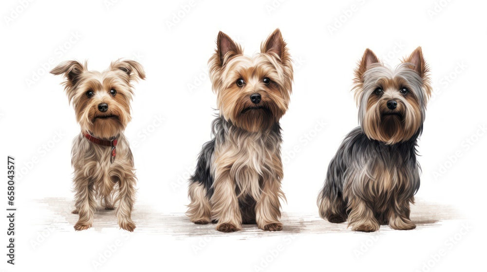Collection of three dogs, happy yorkshire terrier set( portrait, sitting and standing) isolated on white background as transparent PNG, generative AI animal bundle.