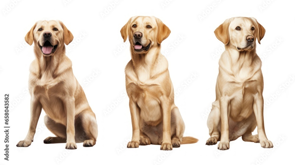 Collection of three dogs, happy labrador set( portrait, sitting and standing) isolated on white background as transparent PNG, generative AI animal bundle.