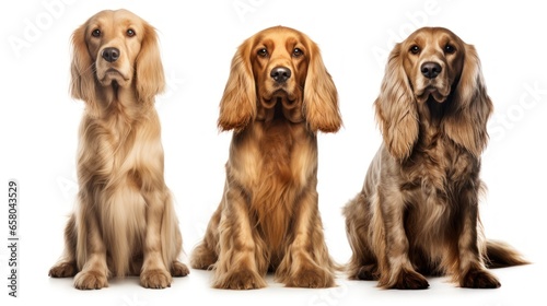 Collection of three dogs, englisch cocker spaniel set( portrait, sitting and standing) isolated on white background as transparent PNG, generative AI animal bundle,