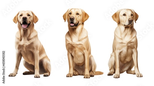 Collection of three dogs, happy labrador set( portrait, sitting and standing) isolated on white background as transparent PNG, generative AI animal bundle.