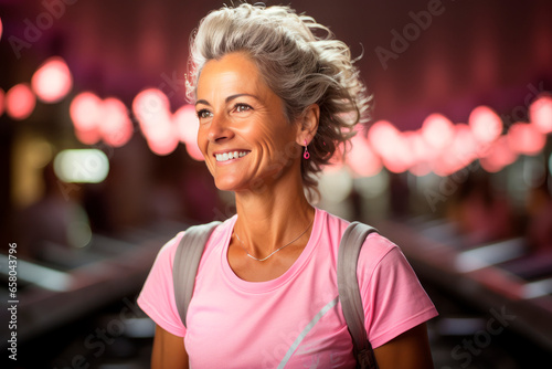 Senior woman at gym in pink sportswear after training, proud about wellness and health. © Vero